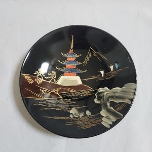 Japanese Black Lacquer Pagoda Landscape Plate Dish Bowl